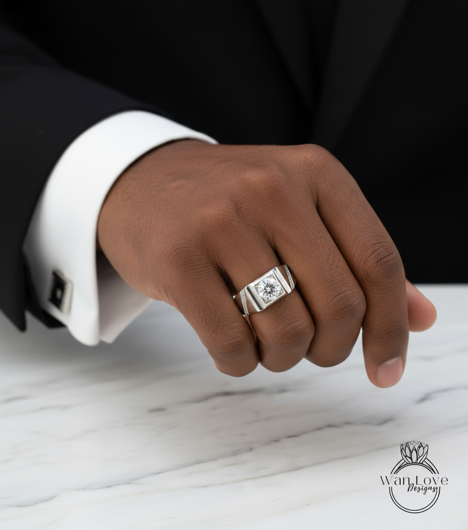 Mens White Sapphire & Diamond Wedding Ring-Round-Diagonal Bands-1.5ct-7mm-Silver Rhodium-Size 9.5-Anniversary Goft-Engagement-Ready to ship