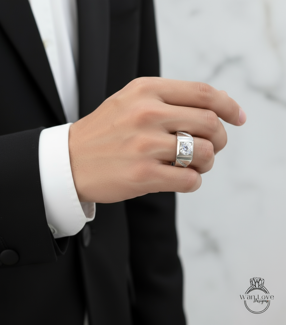 Mens White Sapphire & Diamond Wedding Ring-Round-Diagonal Bands-1.5ct-7mm-Silver Rhodium-Size 9.5-Anniversary Goft-Engagement-Ready to ship