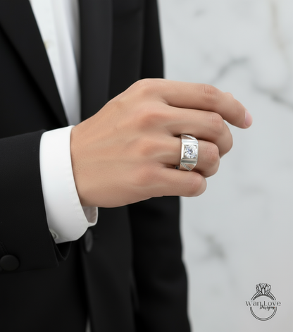 Mens White Sapphire & Diamond Wedding Ring-Round-Diagonal Bands-1.5ct-7mm-Silver Rhodium-Size 9.5-Anniversary Goft-Engagement-Ready to ship