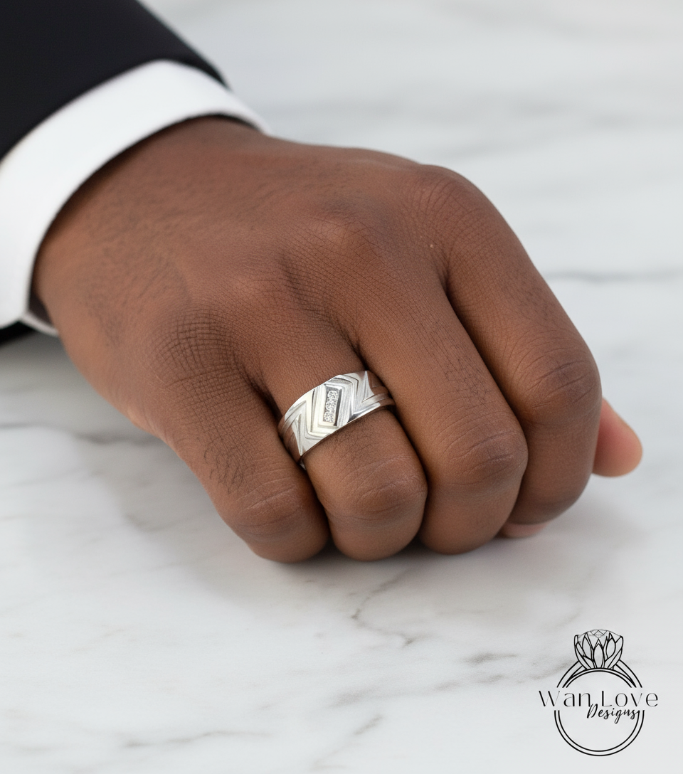 Mens White Sapphire Wedding Band, Art Deco Diamond Wedding Band, Mans Diamond Alternative Ring Band, Vintage mens anniversary ring Ready