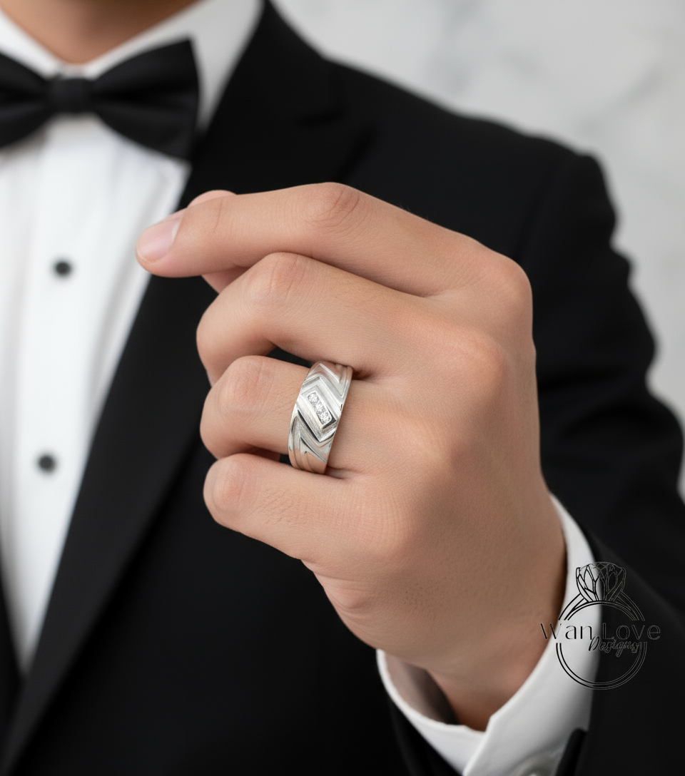 Mens White Sapphire Wedding Band, Art Deco Diamond Wedding Band, Mans Diamond Alternative Ring Band, Vintage mens anniversary ring Ready