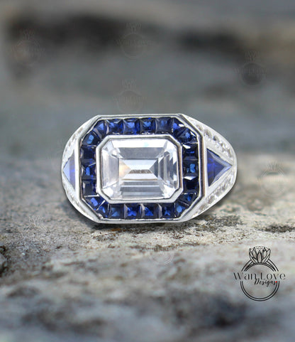 Fede nuziale da uomo in zaffiro blu Moissanite, fede nuziale da uomo in stile Art Déco, fascia in oro 14k, fascia con diamante bianco, anello con diamante portafortuna da uomo