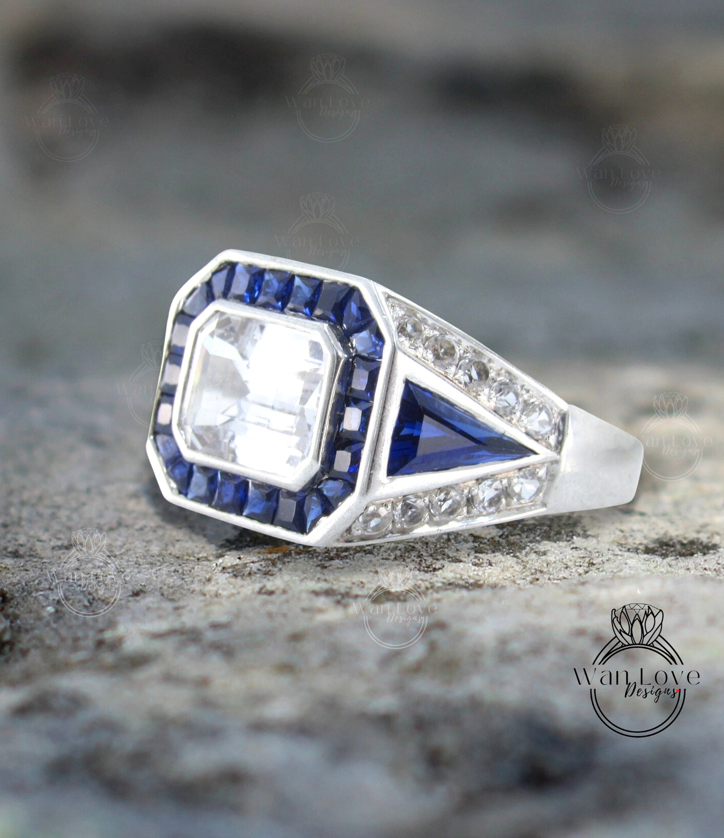 Fede nuziale da uomo in zaffiro blu Moissanite, fede nuziale da uomo in stile Art Déco, fascia in oro 14k, fascia con diamante bianco, anello con diamante portafortuna da uomo