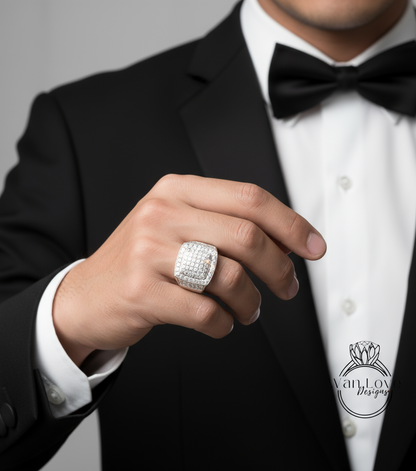 White Sapphire Large Pave Wedding Bands-Mens Ring-3.7ct 2mm-Silver Rhodium-Engagement-Pinky-Anniversary Gift-Thick Shank-Ready to ship