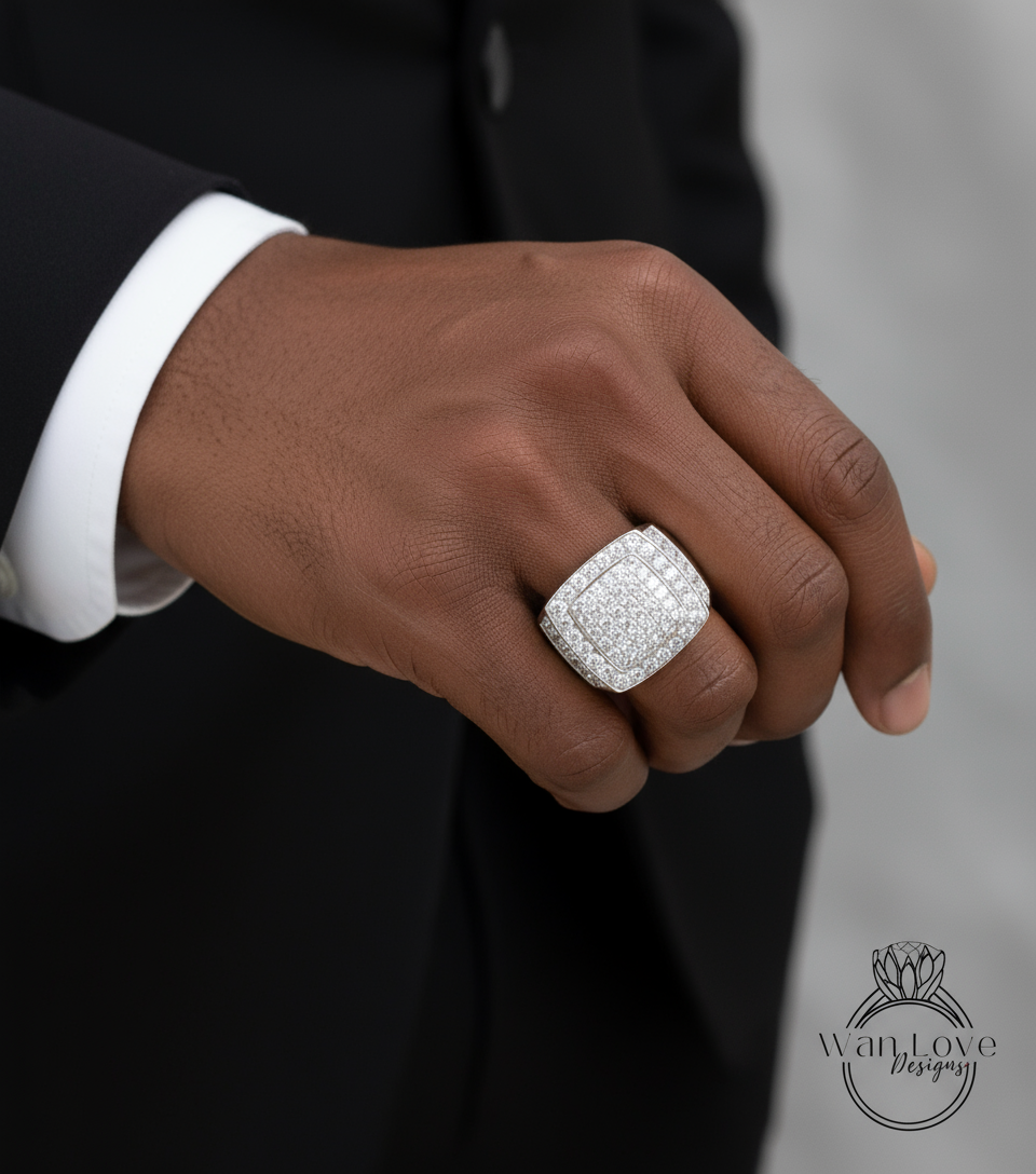 White Sapphire Large Pave Wedding Bands-Mens Ring-3.7ct 2mm-Silver Rhodium-Engagement-Pinky-Anniversary Gift-Thick Shank-Ready to ship