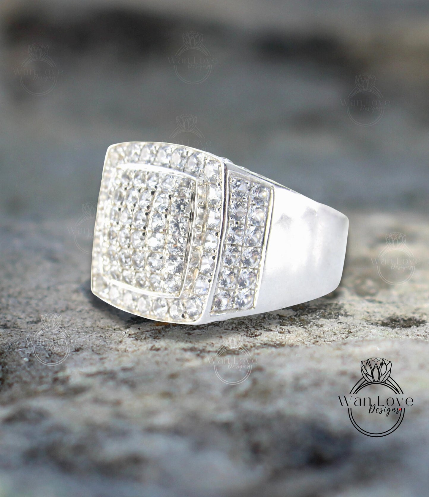 White Sapphire Large Pave Wedding Bands-Mens Ring-3.7ct 2mm-Silver Rhodium-Engagement-Pinky-Anniversary Gift-Thick Shank-Ready to ship