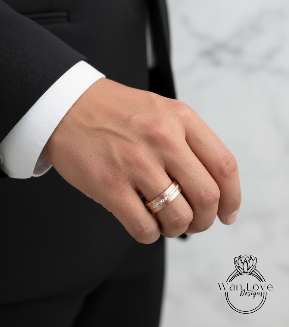 Diamond Mens Wedding Band, Middle row gems Cigar Band, 14k White Rose Gold Ring, Mens Band, Mans Birthstone Commitment Band