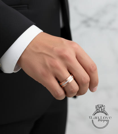 Diamond Mens Wedding Band, Middle row gems Cigar Band, 14k White Rose Gold Ring, Mens Band, Mans Birthstone Commitment Band