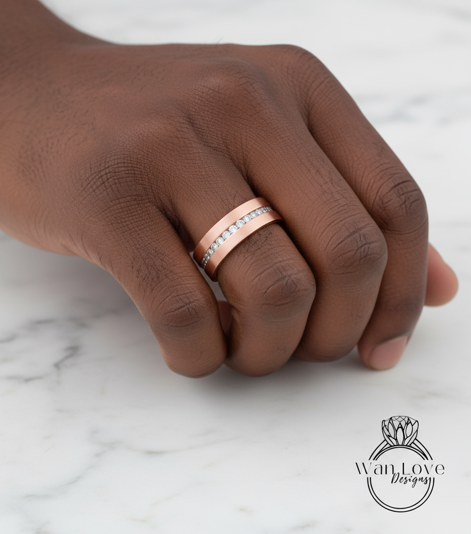 Diamond Mens Wedding Band, Middle row gems Cigar Band, 14k White Rose Gold Ring, Mens Band, Mans Birthstone Commitment Band
