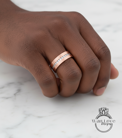 Diamond Mens Wedding Band, Middle row gems Cigar Band, 14k White Rose Gold Ring, Mens Band, Mans Birthstone Commitment Band