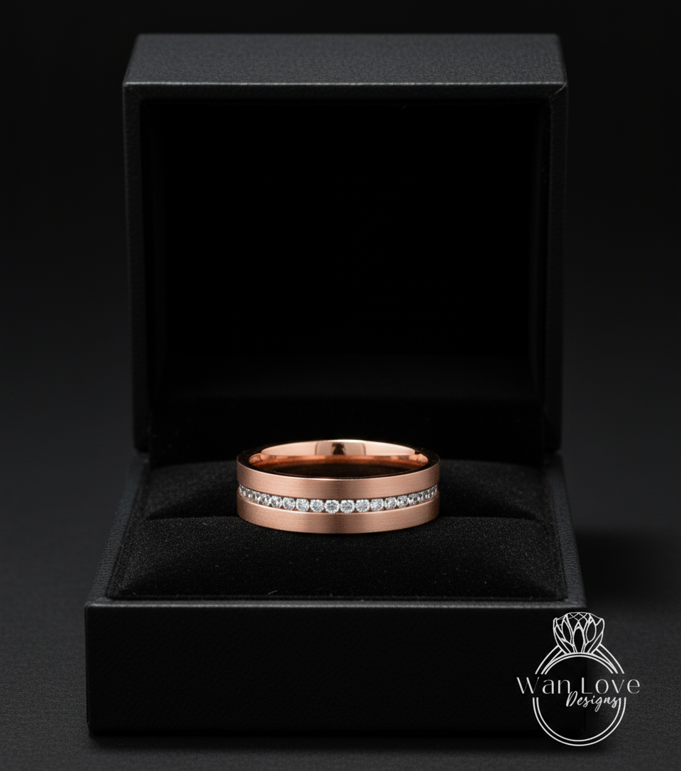 Diamond Mens Wedding Band, Middle row gems Cigar Band, 14k White Rose Gold Ring, Mens Band, Mans Birthstone Commitment Band