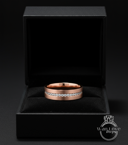 Diamond Mens Wedding Band, Middle row gems Cigar Band, 14k White Rose Gold Ring, Mens Band, Mans Birthstone Commitment Band