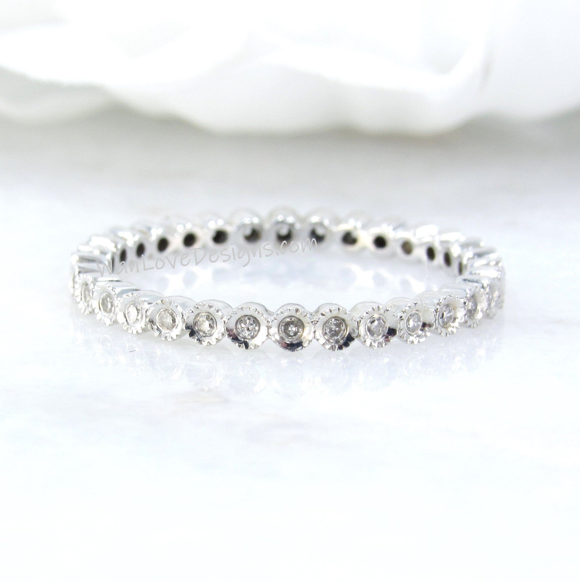 Milgrain Bezel Infinity diamond wedding band white gold full eternity band unique bridal bubble ring dainty stacking matching promise ring Wan Love Designs