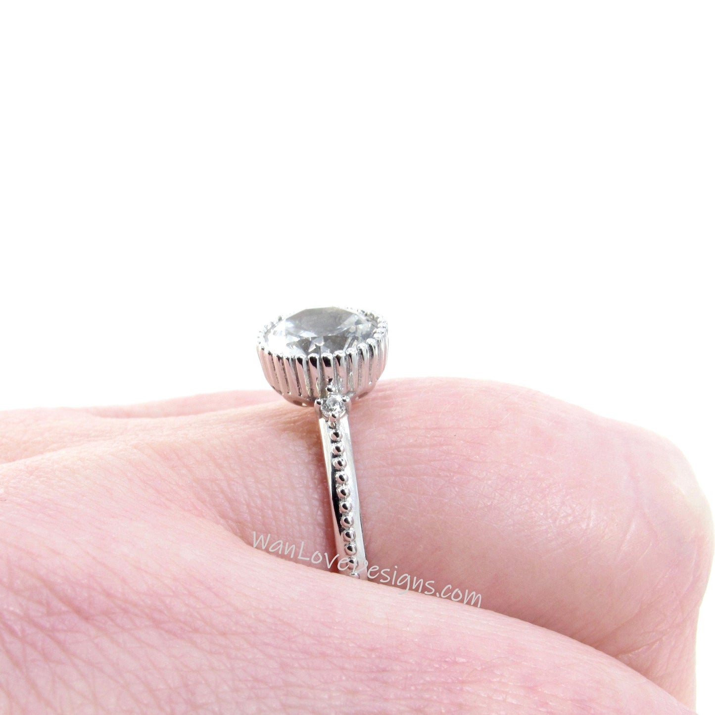 Milgrain Bezel Ring Blue Moissanite & Diamond Round cut Engagement Ring Art Deco round bezel Ring wedding bridal promise ring anniversary Wan Love Designs