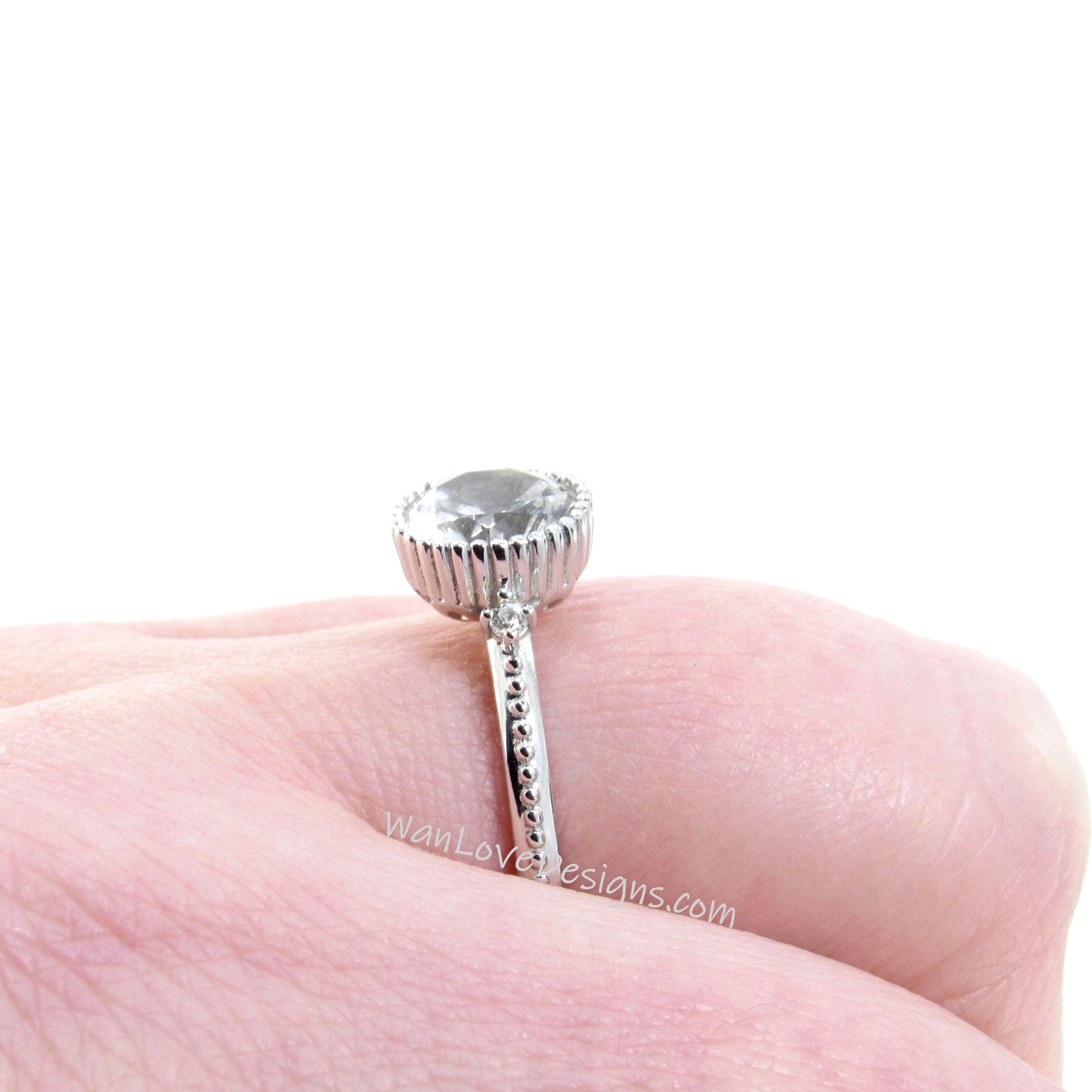 Milgrain Bezel Ring Grey Moissanite & Diamond Round cut Engagement Ring Art Deco round bezel Ring wedding bridal promise ring anniversary Wan Love Designs