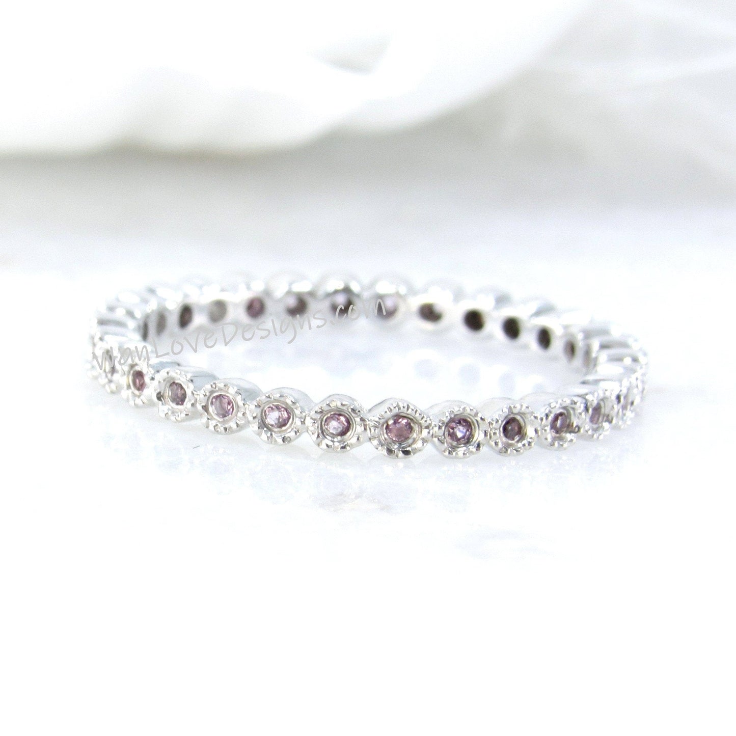 Milgrain Bezel Set Ring, Pink Sapphire Band, Round Cut Pink Sapphire Wedding Band, Vintage Style band, Amtique bezel Wedding Ring, Ready Wan Love Designs