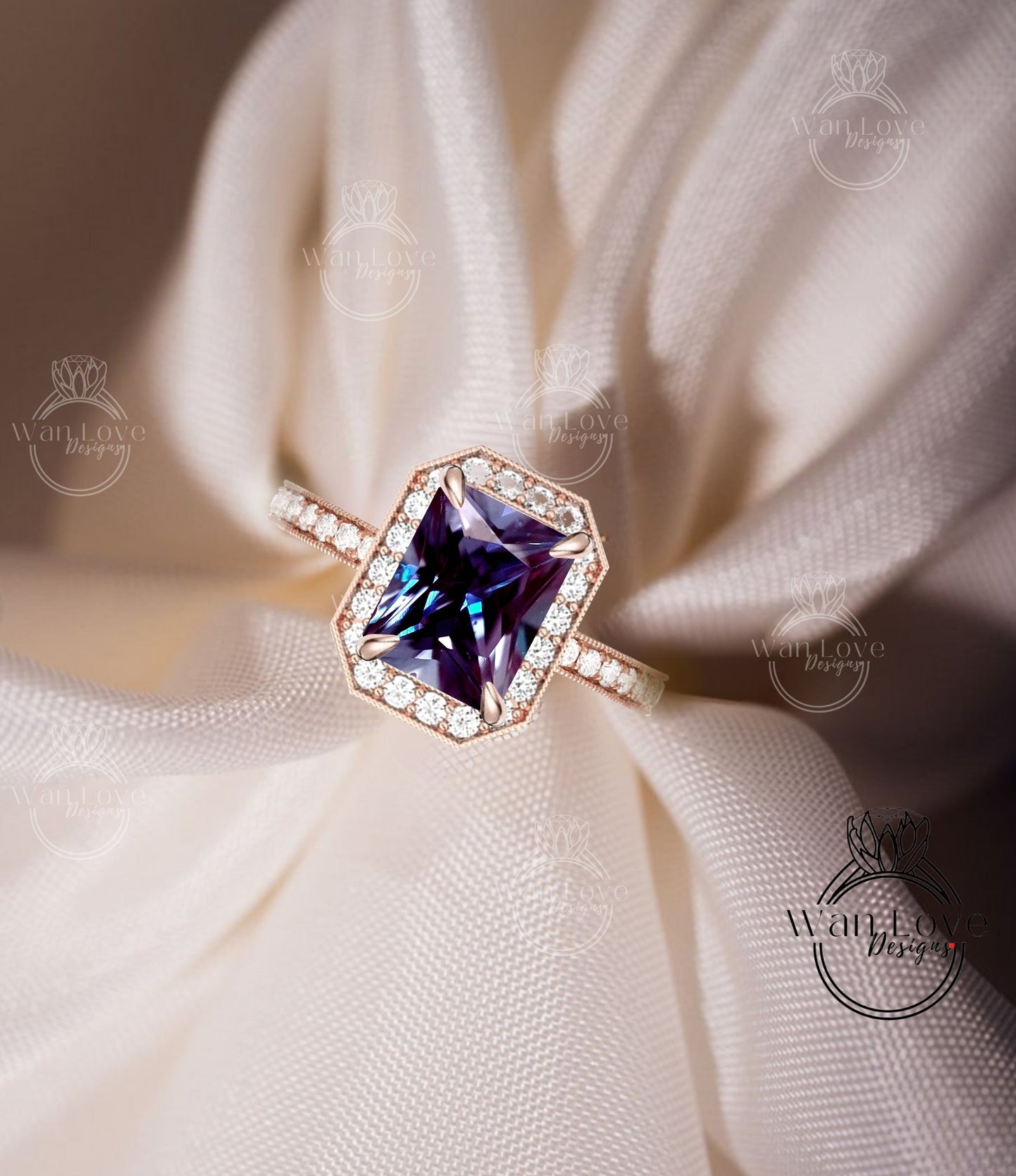 Milgrain Halo Emerald Alexandrite Engagement Ring/ Half Eternity Alexandrite Rings/ Diamond Halo Wedding Rings/ Statement Ring Wan Love Designs
