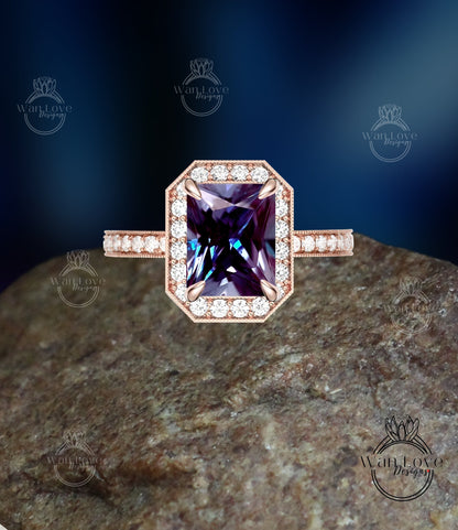 Milgrain Halo Emerald Alexandrite Engagement Ring/ Half Eternity Alexandrite Rings/ Diamond Halo Wedding Rings/ Statement Ring Wan Love Designs