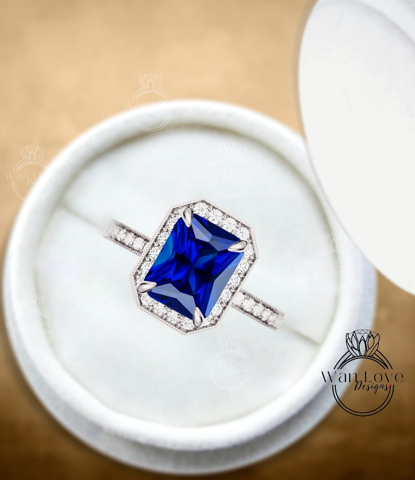 Milgrain Halo Emerald Blue Sapphire Engagement Ring/ Half Eternity Blue Sapphire Rings/ Diamond Halo Wedding Rings/ Statement Ring Wan Love Designs