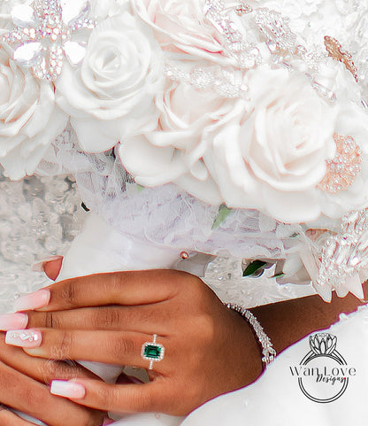 Milgrain Halo Emerald Diamond Engagement Ring/ Half Eternity Green Emerald Rings/ Diamond Halo Wedding Rings/ Statement Ring Wan Love Designs