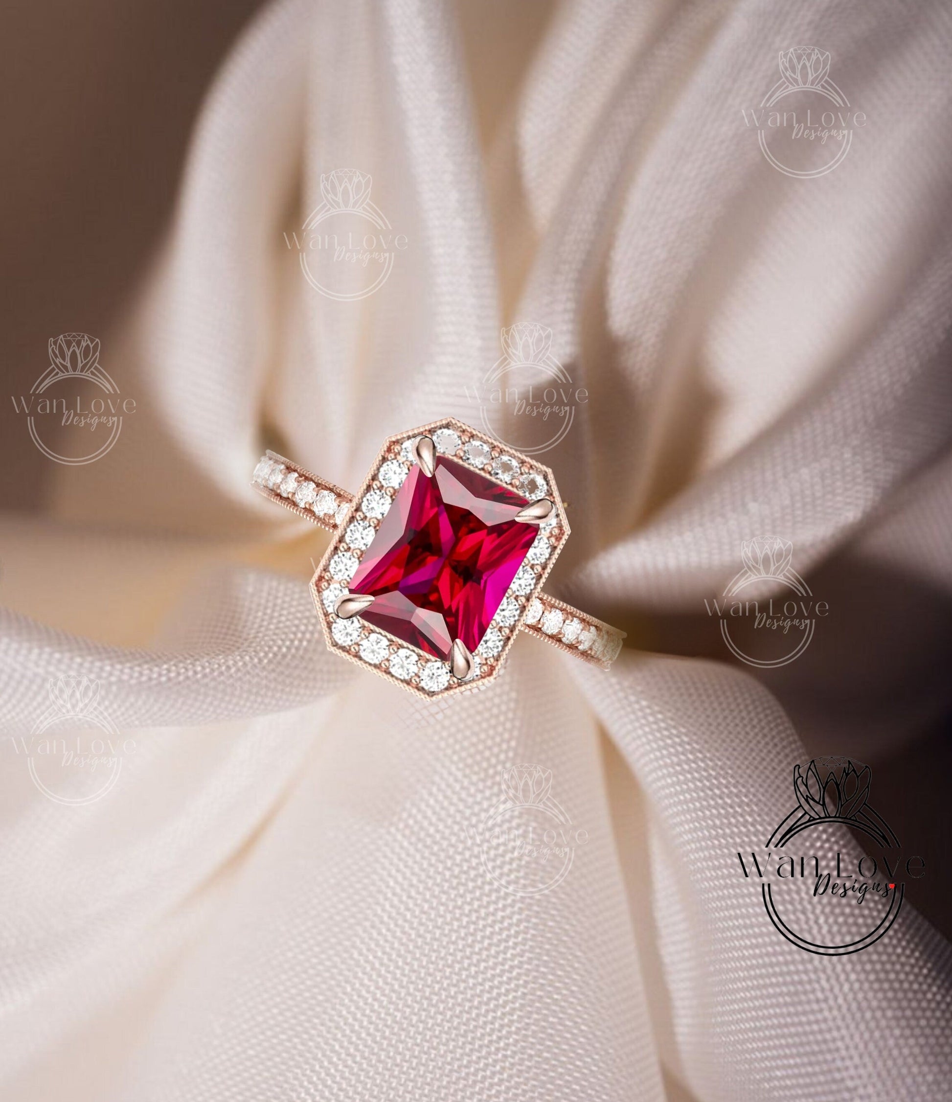 Milgrain Halo Emerald Ruby Diamond Engagement Ring/ Half Eternity Red Ruby Rings/ Diamond Halo Wedding Rings/ Statement Ring Wan Love Designs