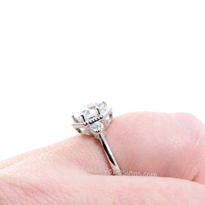 Milgrain Hexagon Bezel Ring Blue Moissanite Diamond Engagement Ring Art Deco Round cut 6 prongs Ring wedding bridal promise ring anniversary Wan Love Designs