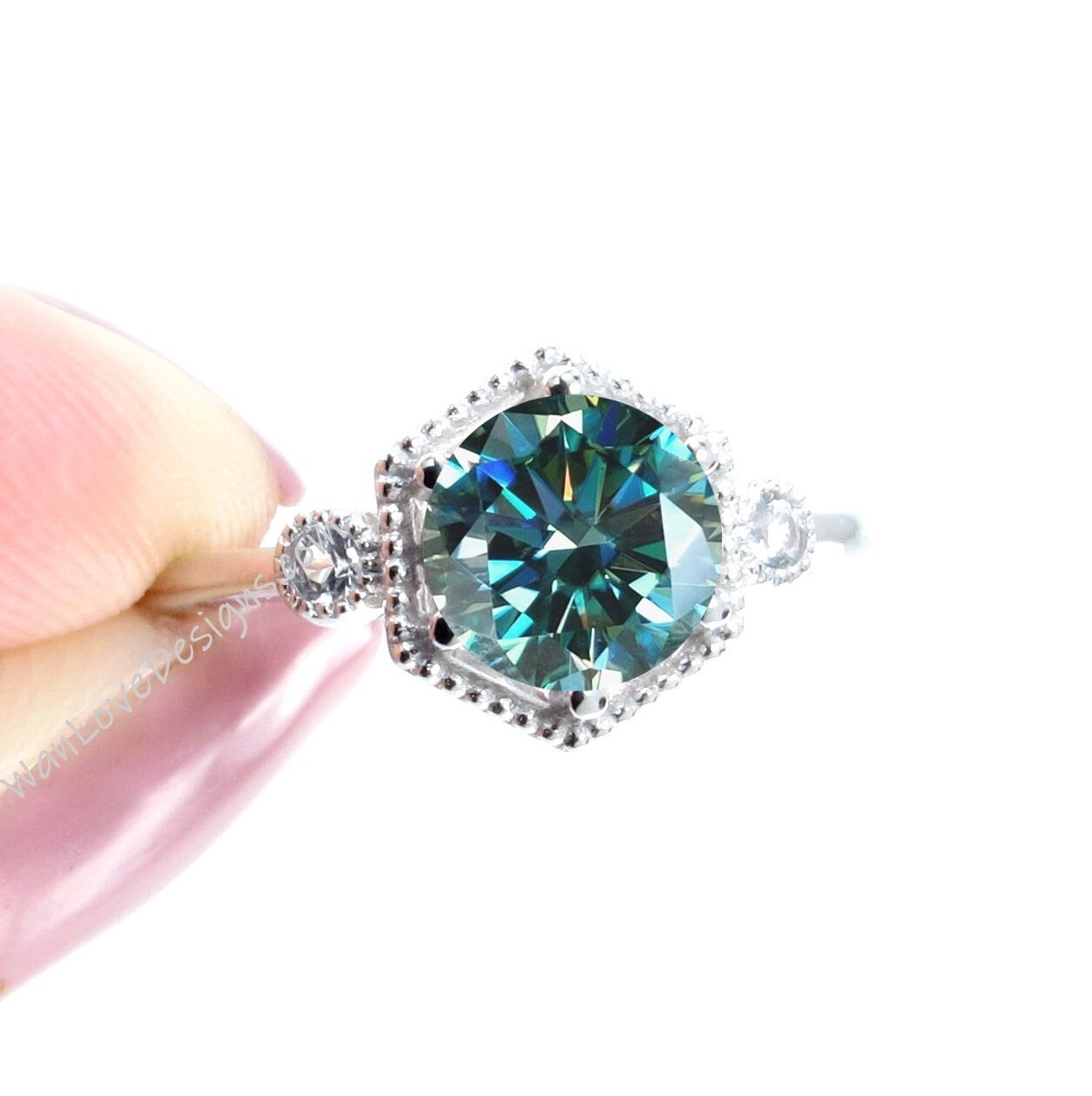 Milgrain Hexagon Bezel Ring Blue Moissanite Diamond Engagement Ring Art Deco Round cut 6 prongs Ring wedding bridal promise ring anniversary Wan Love Designs