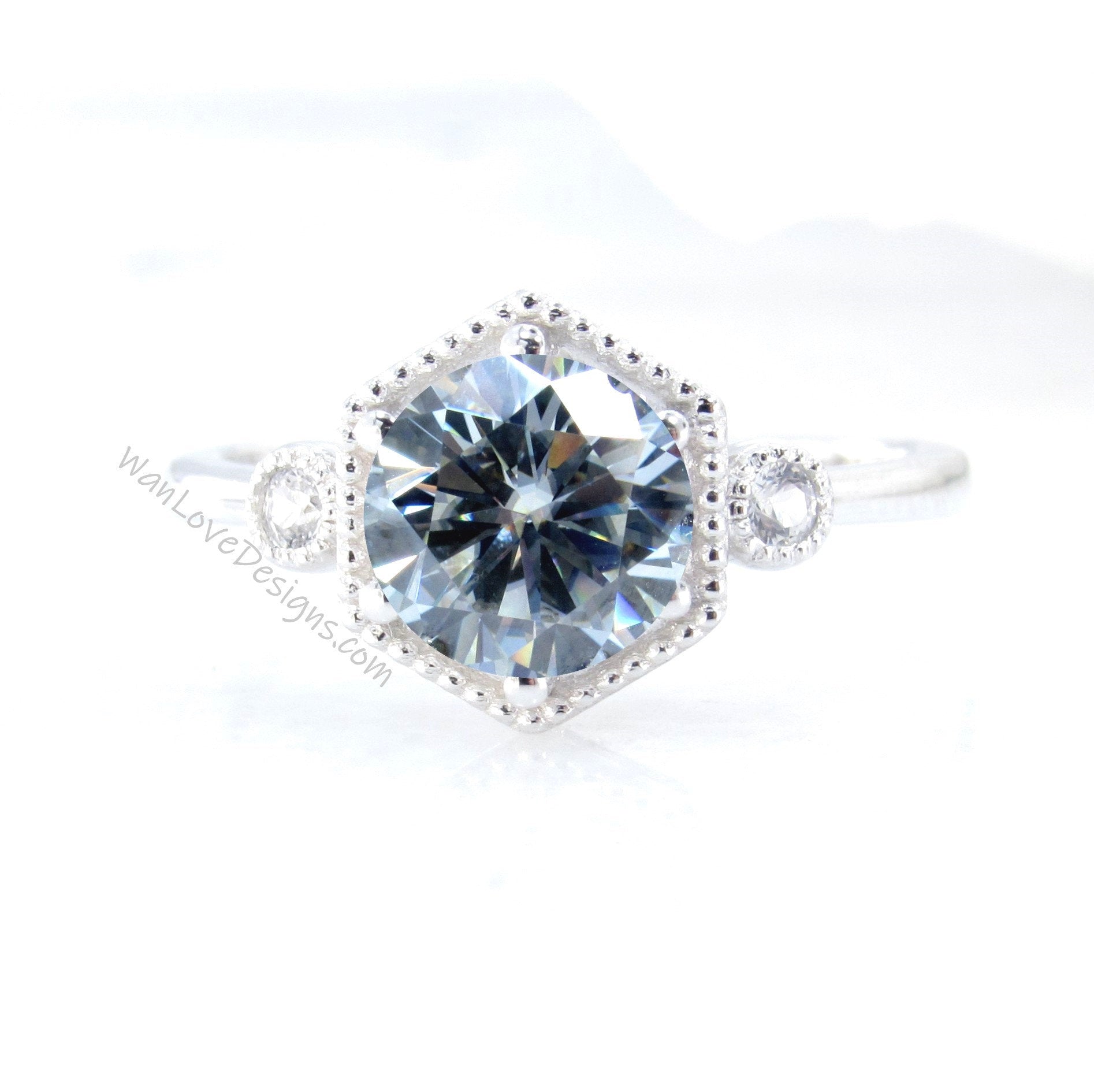 Milgrain Hexagon Bezel Ring Grey Moissanite Diamond Engagement Ring Art Deco Round cut 6 prongs Ring wedding bridal promise ring anniversary Wan Love Designs