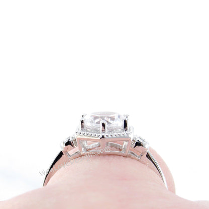 Milgrain Hexagon Bezel Ring Moissanite Diamond Engagement Ring Art Deco Round cut 6 prongs gold Ring wedding bridal promise ring anniversary Wan Love Designs