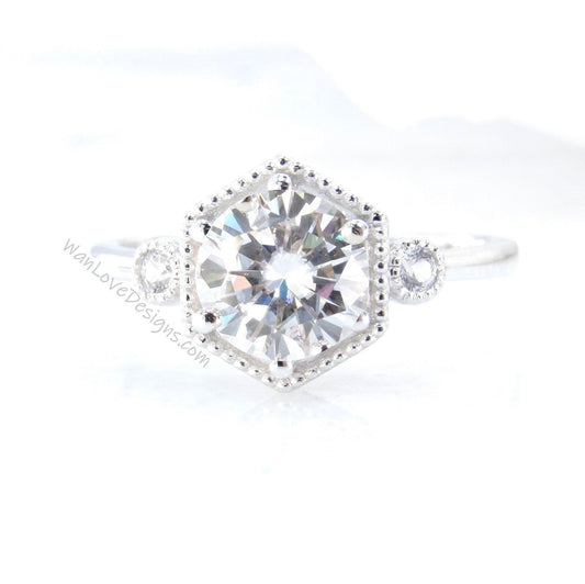 Milgrain Hexagon Bezel Ring Moissanite Diamond Engagement Ring Art Deco Round cut 6 prongs gold Ring wedding bridal promise ring anniversary Wan Love Designs