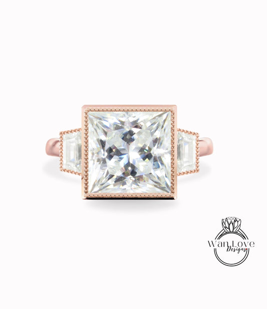 Moissanite 3 Gem Princess Trapezoid Bezel set Engagement Ring, Custom, Wedding, 14kt 18kt Gold, Platinum, WanLoveDesigns Wan Love Designs