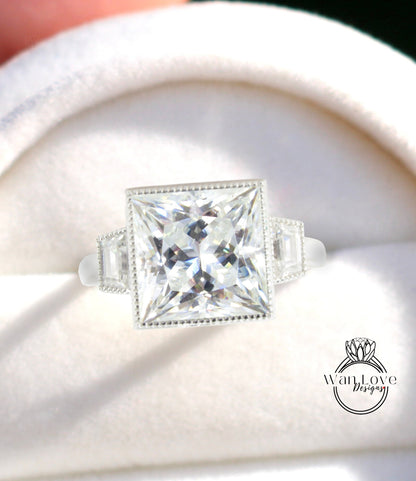 Moissanite 3 Gem Princess Trapezoid Bezel set Engagement Ring, Custom, Wedding, 14kt 18kt Gold, Platinum, WanLoveDesigns Wan Love Designs