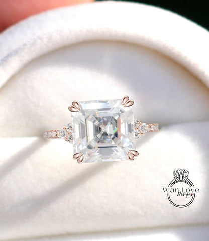 Moissanite Asscher & Diamond Trio Pave Engagement Ring 14k 18k White Yellow Rose Gold-Platinum-Custom-Wedding-Anniversary Wan Love Designs