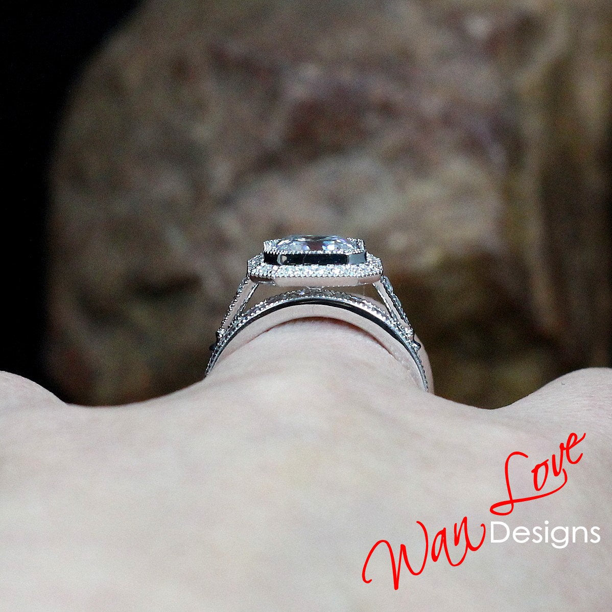 Moissanite Asscher Halo Engagement Ring, Milgrain, French Cut Wedding Band Set, 2.5ct, 8mm, Custom, White Gold, Ready to Ship Wan Love Designs