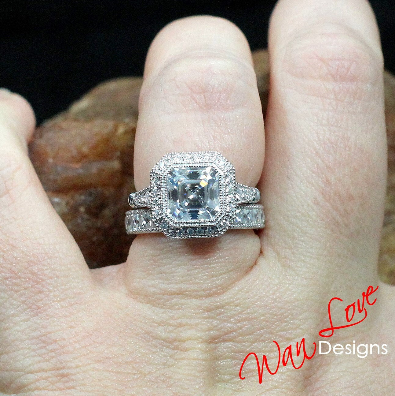Moissanite Asscher Halo Engagement Ring, Milgrain, French Cut Wedding Band Set, 2.5ct, 8mm, Custom, White Gold, Ready to Ship Wan Love Designs