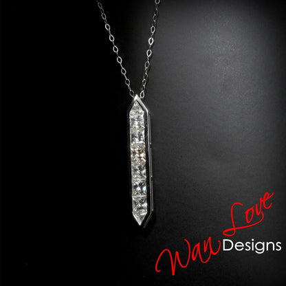 Moissanite Bar Necklace Horizontal Vertical East West 2 Way Princess Trillion 8 gem White Gold Charm Custom Anniversary Gift Ready to ship Wan Love Designs