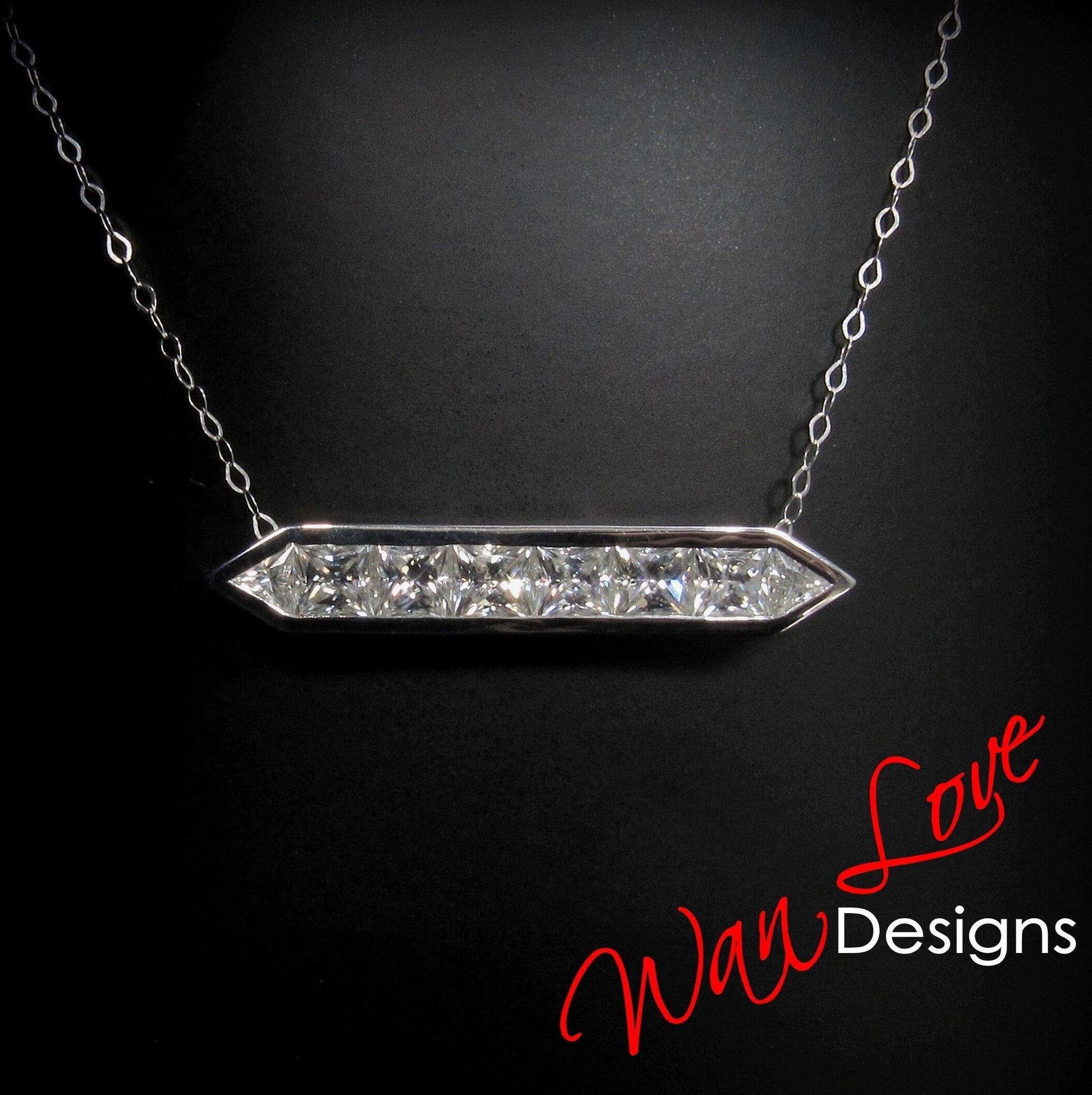 Moissanite Bar Necklace Horizontal Vertical East West 2 Way Princess Trillion 8 gem White Gold Charm Custom Anniversary Gift Ready to ship Wan Love Designs