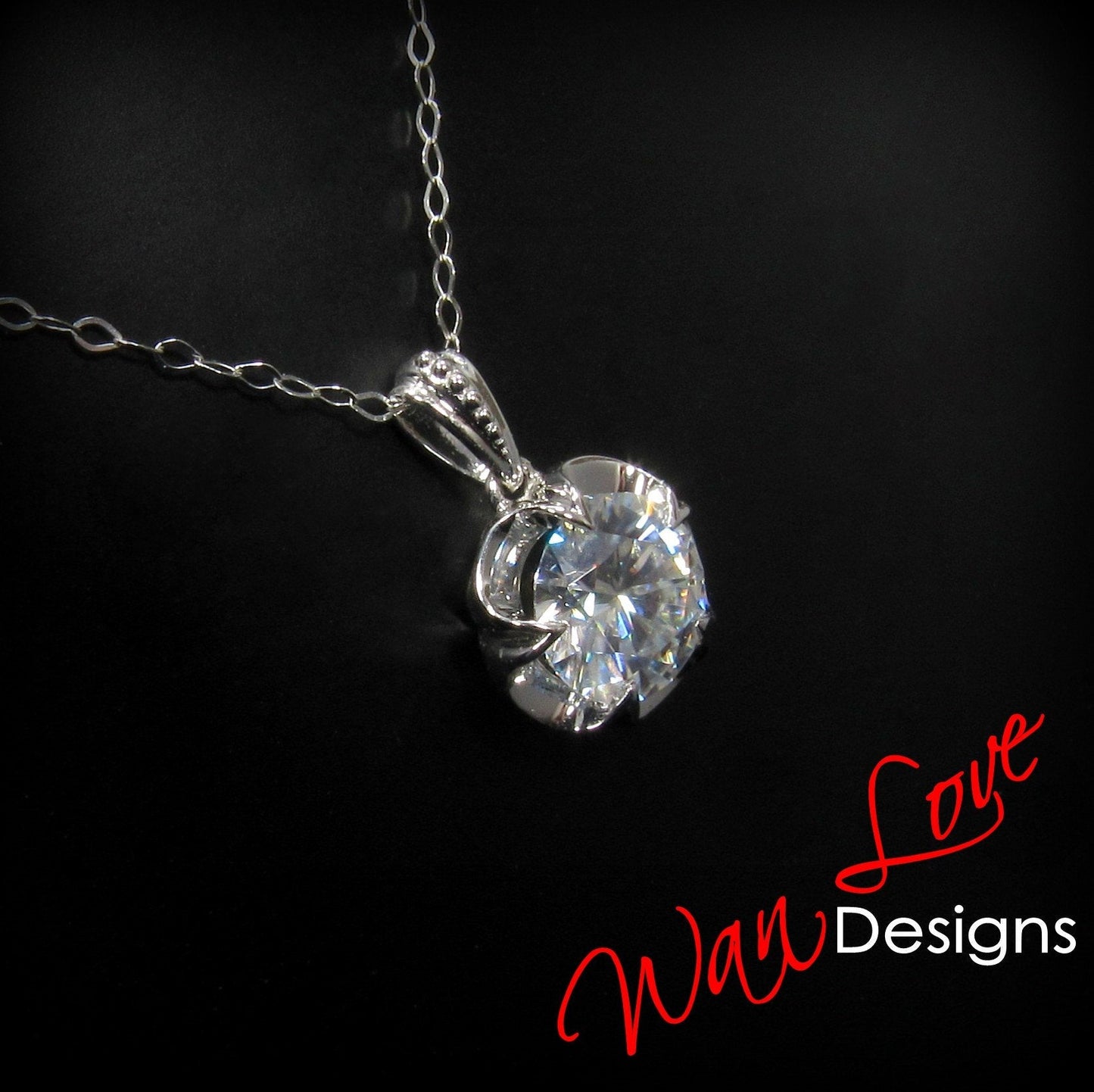 Moissanite Buttercup Round Beaded Bail Necklace 2ct white gold flower Charm necklace Custom Anniversary bridal wedding Gift Ready to ship Wan Love Designs