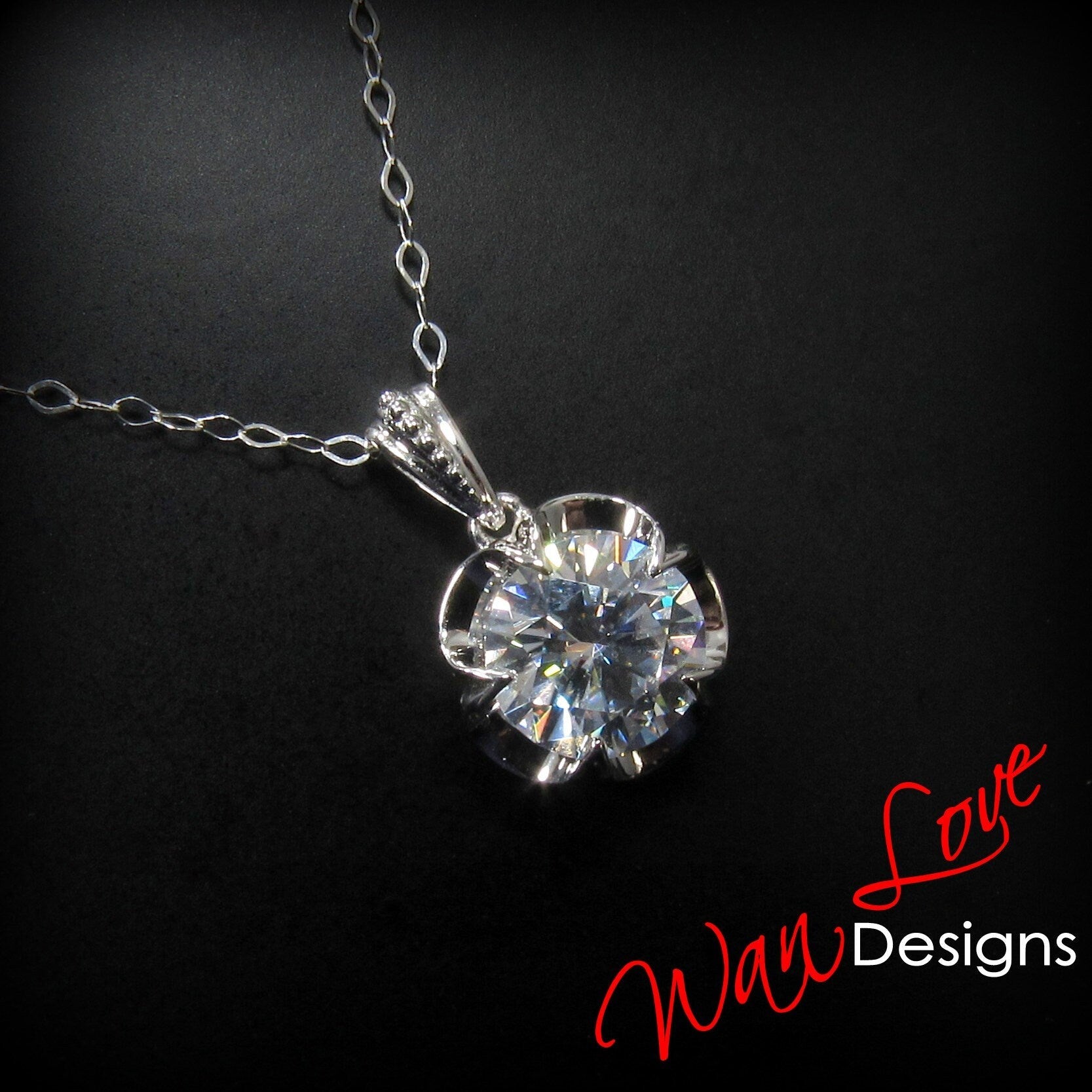 Moissanite Buttercup Round Beaded Bail Necklace 2ct white gold flower Charm necklace Custom Anniversary bridal wedding Gift Ready to ship Wan Love Designs