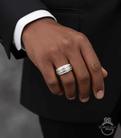 Moissanite Channel set Baguette Princess Wedding Band,Mans Ring,Custom,Engagement,Pinky,White Gold,Commitment,Anniversary Gift-Ready to Ship