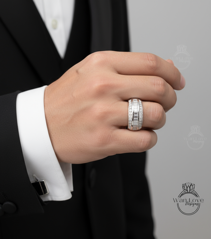 Moissanite Channel set Baguette Princess Wedding Band,Mans Ring,Custom,Engagement,Pinky,White Gold,Commitment,Anniversary Gift-Ready to Ship