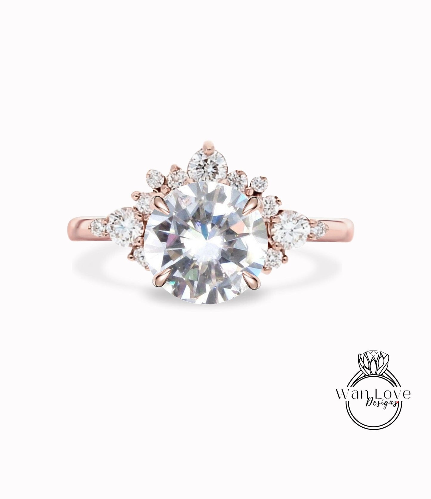 Moissanite Cluster Half Halo engagement ring Diamonds Unique cluster round cut White Rose Gold Ring woman Promise Anniversary Gift Wan Love Designs