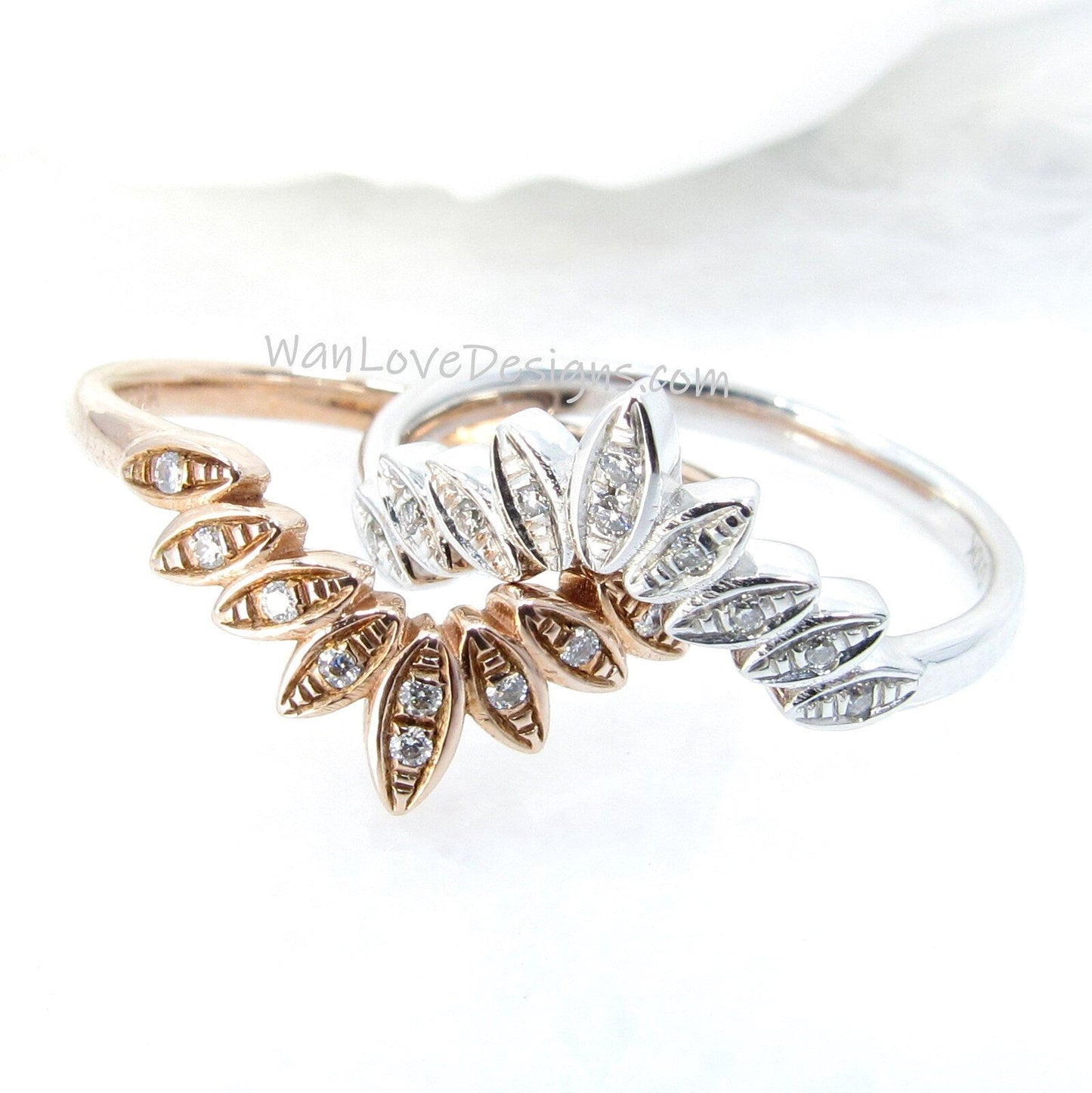 Moissanite Curved Nesting 9 Leaf Wedding Band Contoured moissanite Matching Flush ring White or Rose Gold curved bridal leaf ring-Ready Wan Love Designs