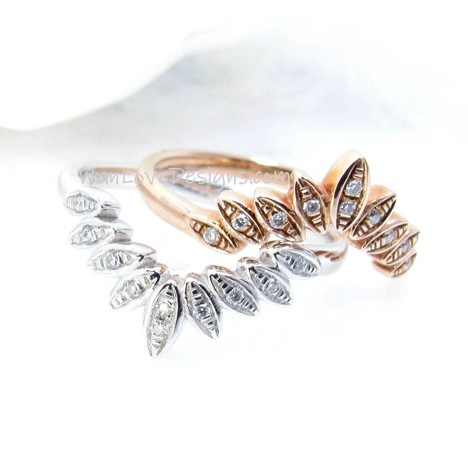 Moissanite Curved Nesting 9 Leaf Wedding Band Contoured moissanite Matching Flush ring White or Rose Gold curved bridal leaf ring-Ready Wan Love Designs