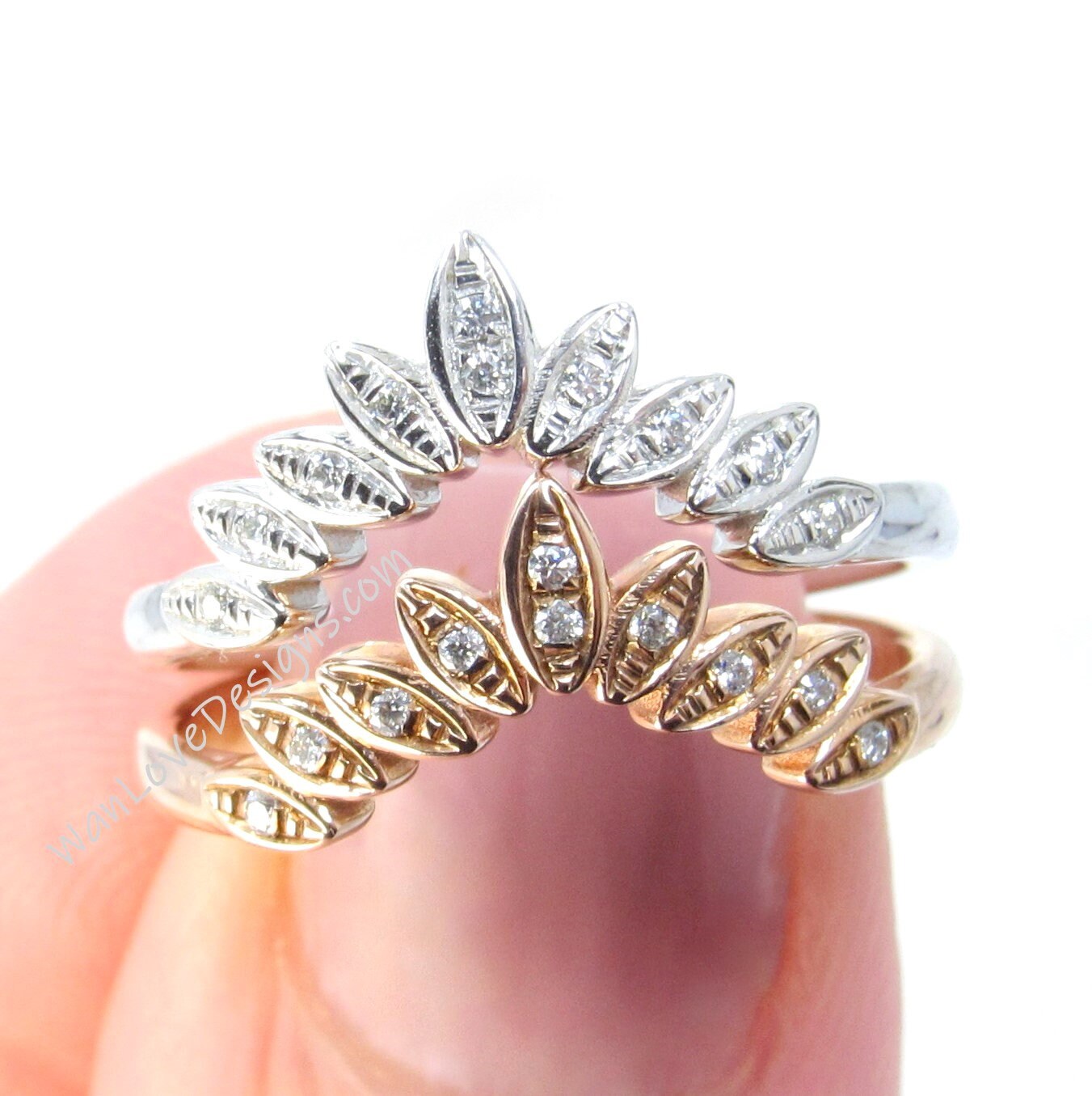 Moissanite Curved Nesting 9 Leaf Wedding Band Contoured moissanite Matching Flush ring White or Rose Gold curved bridal leaf ring-Ready Wan Love Designs