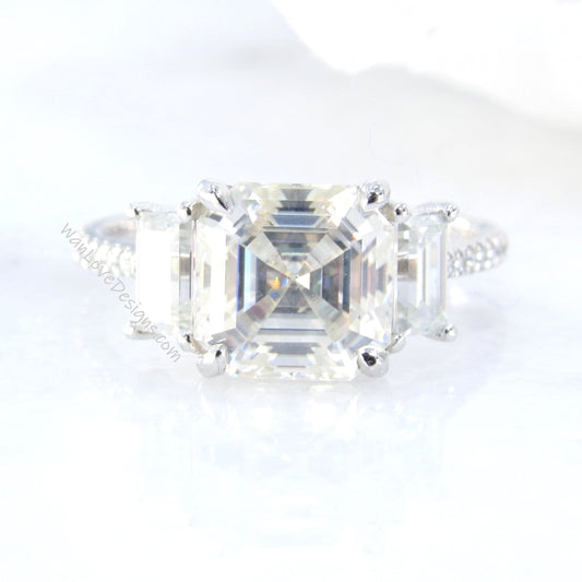 Moissanite & Diamond 3 stone Asscher Baguette Engagement Ring 14k 18k White Yellow Rose Gold Custom Princess Anniversary Gift Wan Love Designs
