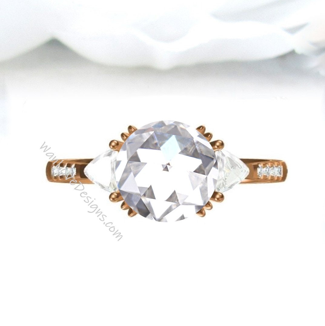 Moissanite & Diamond 3 stone Rose cut Trillion Engagement Ring, 14k 18k White Yellow Rose Gold-Custom-Aniversary-Platinum Wan Love Designs