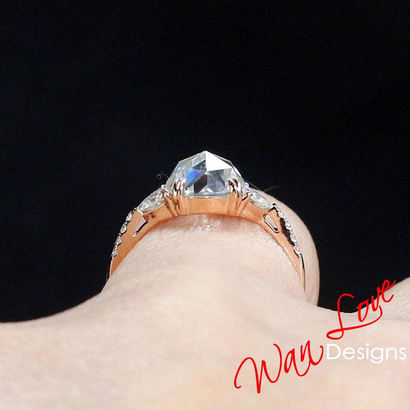 Moissanite & Diamond 3 stone Rose cut Trillion Engagement Ring, 14k 18k White Yellow Rose Gold-Custom-Aniversary-Platinum Wan Love Designs