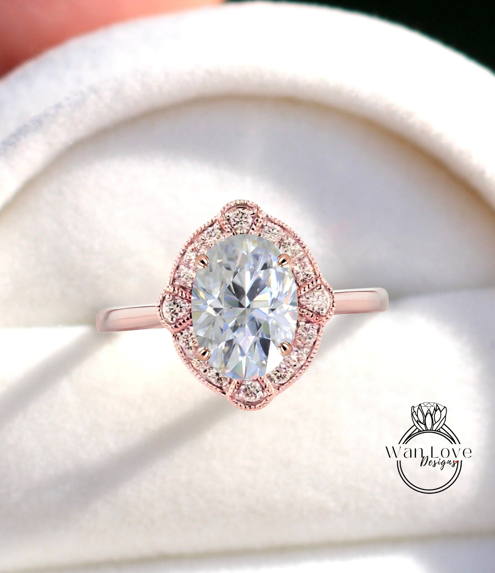 Moissanite & Diamond Art Deco Oval Halo Engagement Ring, 14k 18k White Yellow Rose Gold,Platinum, Custom Vintage Milgrain Wedding Bridal Ring Wan Love Designs