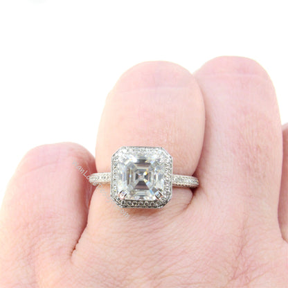 Moissanite & Diamond Asscher Halo Engagement Ring, 3 sided shank, 2.5ct, 8mm, Custom, Wedding,White Gold-Ready to Ship Wan Love Designs